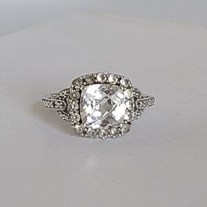 Vintage Luxury Boho CZ Cushion Cut Square Halo Marcasite Sterling Silver Ring 7